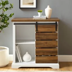 Cabinets & Sideboards-Kirkland's Home Slatted Sliding Barn Door White And Oak Cabinet Brown