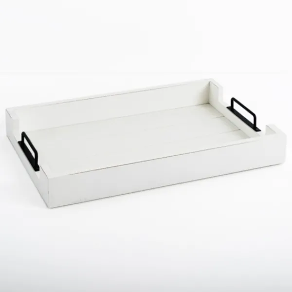 Decorative Trays-Kirkland's Home Slatted Wood & Metal Handles Tray White