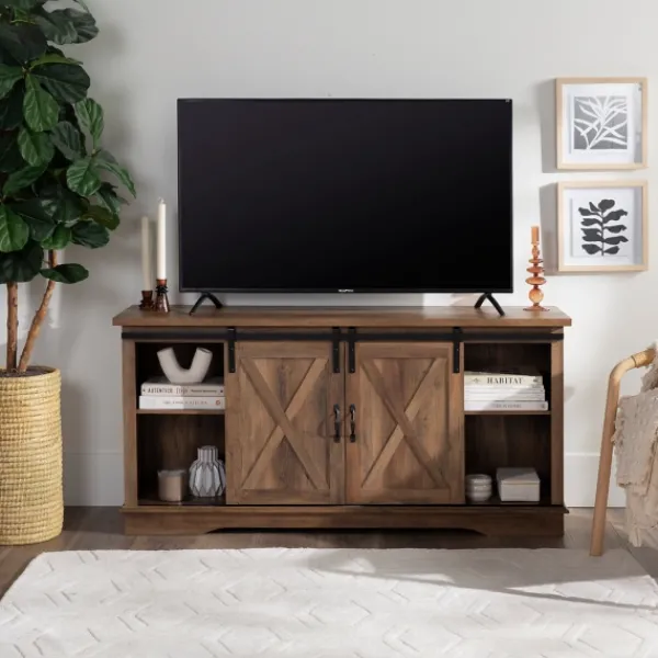 Tv Stands & Media Consoles-Kirkland's Home Sliding Barn Door Open Shelf Oak Tv Stand Brown