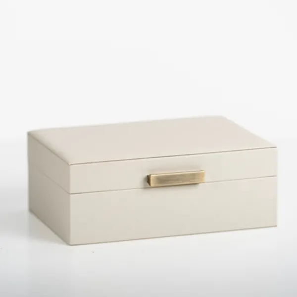 Baskets & Boxes-Kirkland's Home Small Beige Leather Brass Handle Box Ivory