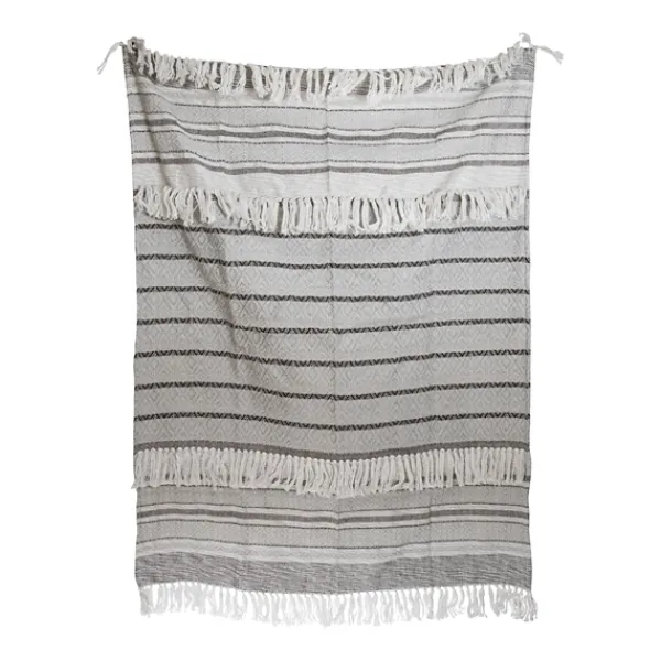 Blankets & Throws-Kirkland's Home Smokey Gray Fringe Stripe Outdoor Throw Blanket Gray/White