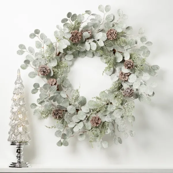 Wreaths-Kirkland's Home Snow Dusted Eucalyptus And Pinecone Wreath Green/Brown/White
