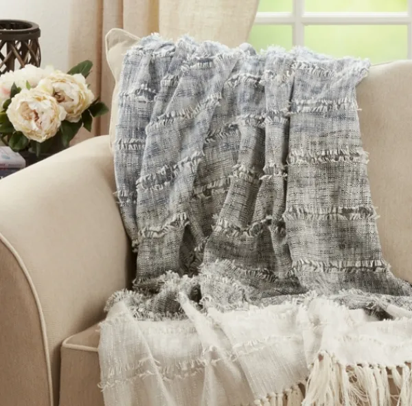 Blankets & Throws-Kirkland's Home Soft Blue Textured Striped Tassel Throw Blue/White