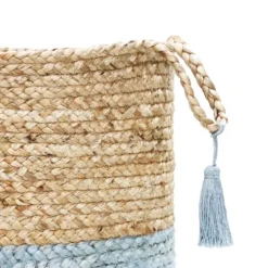 Baskets & Boxes-Kirkland's Home Spa Blue And Tan Woven Basket With Tassel, 17 In. Blue/Tan