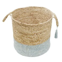 Baskets & Boxes-Kirkland's Home Spa Blue And Tan Woven Basket With Tassel, 17 In. Blue/Tan