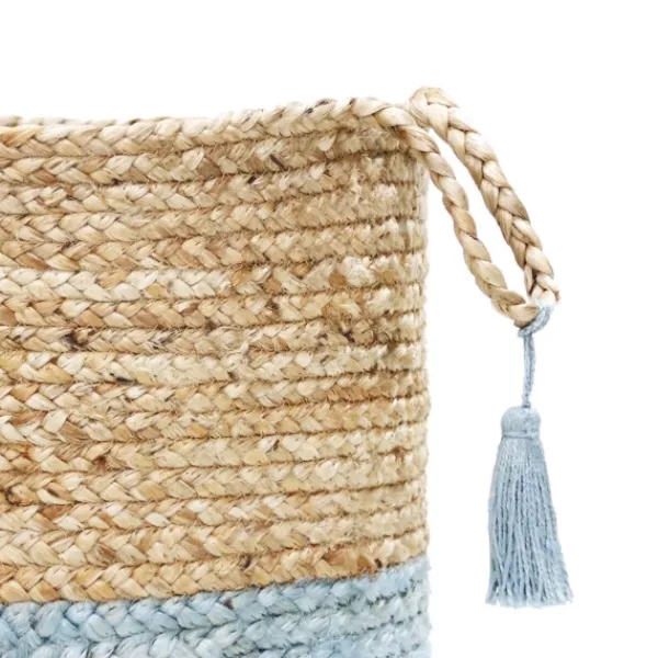 Baskets & Boxes-Kirkland's Home Spa Blue And Tan Woven Basket With Tassel, 19 In. Blue/Tan