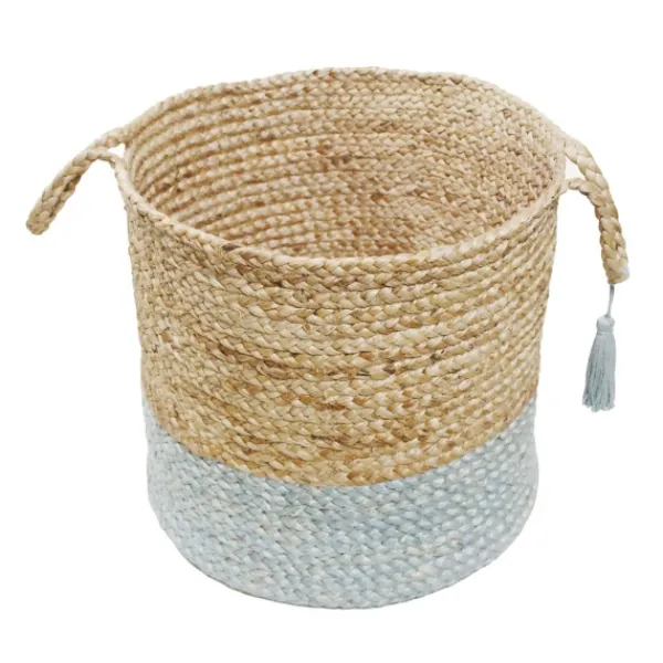 Baskets & Boxes-Kirkland's Home Spa Blue And Tan Woven Basket With Tassel, 19 In. Blue/Tan
