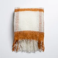 Blankets & Throws-Kirkland's Home Spice Windowpane Faux Mohair Throw Orange/White