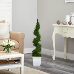 Trees & Topiaries-Kirkland's Home Spiral Cypress Topiary In White Planter, 48 In.