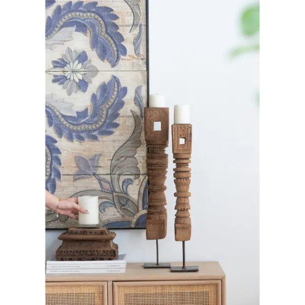 Candle Holders-Kirkland's Home Square Carved Wood Pillar Candle Holder Brown
