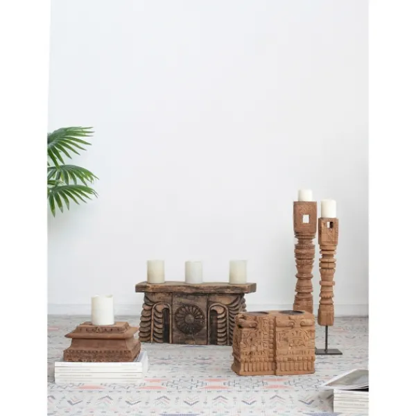 Candle Holders-Kirkland's Home Square Carved Wood Pillar Candle Holder Brown