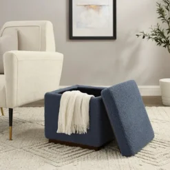 Benches & Ottomans-Kirkland's Home Square Sherpa Upholstered Storage Ottoman Blue