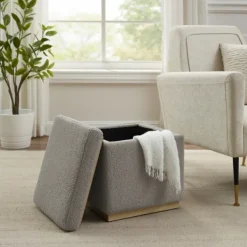 Benches & Ottomans-Kirkland's Home Square Sherpa Upholstered Storage Ottoman Gray