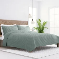 Quilts-Kirkland's Home Stitched Diamond 3-Pc. Queen Quilt Set Green