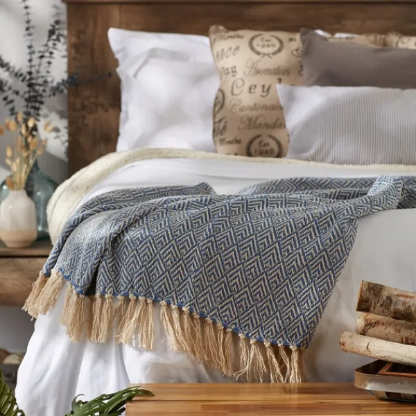 Blankets & Throws-Kirkland's Home Stone Wash Diamond Fringe Throw Blue