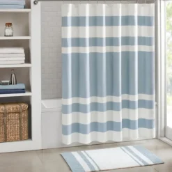 Shower Curtains-Kirkland's Home Stripe Waffle Weave Shower Curtain Blue