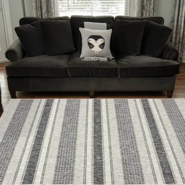 Outdoor Rugs-Kirkland's Home Stripe Weave Sun Shower Outdoor Area Rug, 5X8 Black/Ivory