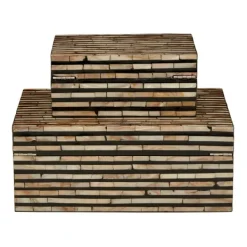 Baskets & Boxes-Kirkland's Home Striped Mother Of Pearl Shell Wood Boxes, Set Of 2 Tan/Gray