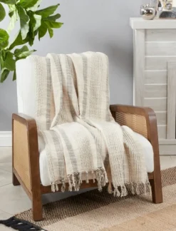 Blankets & Throws-Kirkland's Home Stripes And Fringe Cream Throw Blanket Ivory