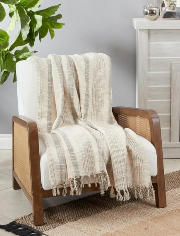 Blankets & Throws-Kirkland's Home Stripes And Fringe Cream Throw Blanket Ivory