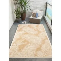 Outdoor Rugs-Kirkland's Home Sunlight Palm Leaves Outdoor Area Rug, 6X9 Yellow/White