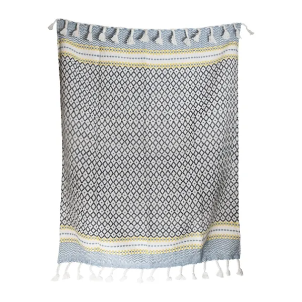 Blankets & Throws-Kirkland's Home Sunshine Diamond Pattern Outdoor Throw Blanket White/Blue/Yellow