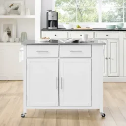 Kitchen Islands & Bar Carts-Kirkland's Home Susanne White And Stainless Steel Kitchen Island