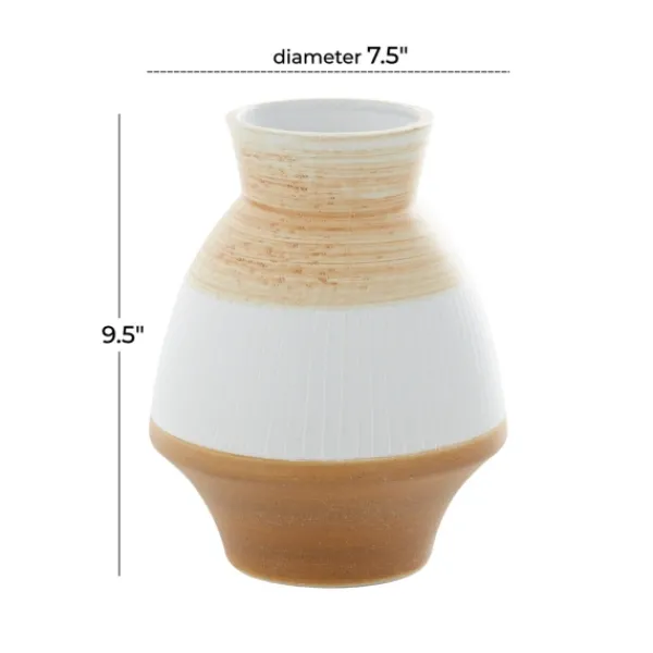 Vases-Kirkland's Home Tan And White Striped Coastal Ceramic Vase, 9 In. Tan/White