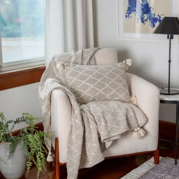 Pillows-Kirkland's Home Tan Diamond Woven Lumbar Pillow Tan/White
