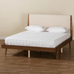Beds & Headboards-Kirkland's Home Tan Upholstered Brown Wood Full Platform Bed