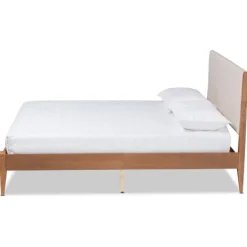 Beds & Headboards-Kirkland's Home Tan Upholstered Brown Wood King Platform Bed Brown/Tan