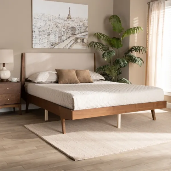 Beds & Headboards-Kirkland's Home Tan Upholstered Brown Wood Queen Platform Bed