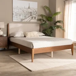 Beds & Headboards-Kirkland's Home Tan Upholstered Classic Wood Full Platform Bed Tan/Brown