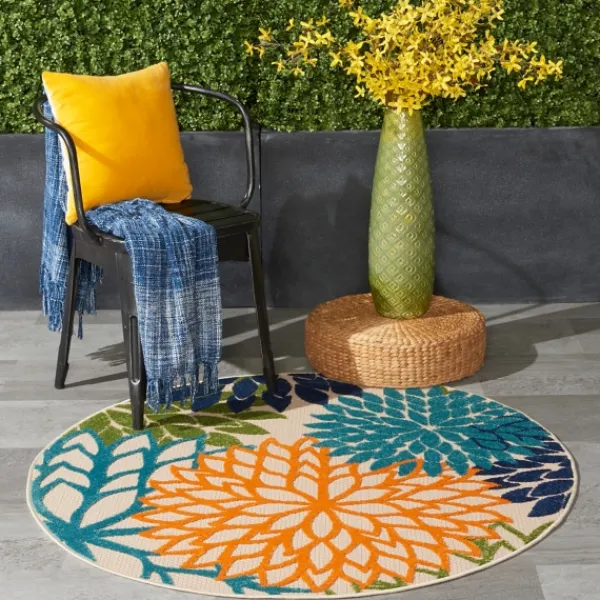 Outdoor Rugs-Kirkland's Home Tangerine Floral Burst Round Outdoor Area Rug Orange/Blue/Green