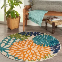 Outdoor Rugs-Kirkland's Home Tangerine Floral Burst Round Outdoor Area Rug Orange/Blue/Green