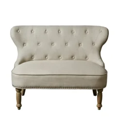 Sofas & Loveseats-Kirkland's Home Taupe Button Tufted Nailhead Trim Settee Tan