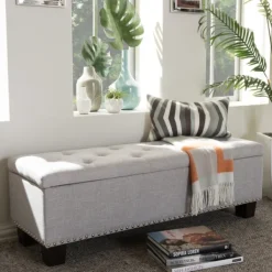 Entryway Furniture-Kirkland's Home Taupe Button-Tufted Upholstered Storage Bench Tan
