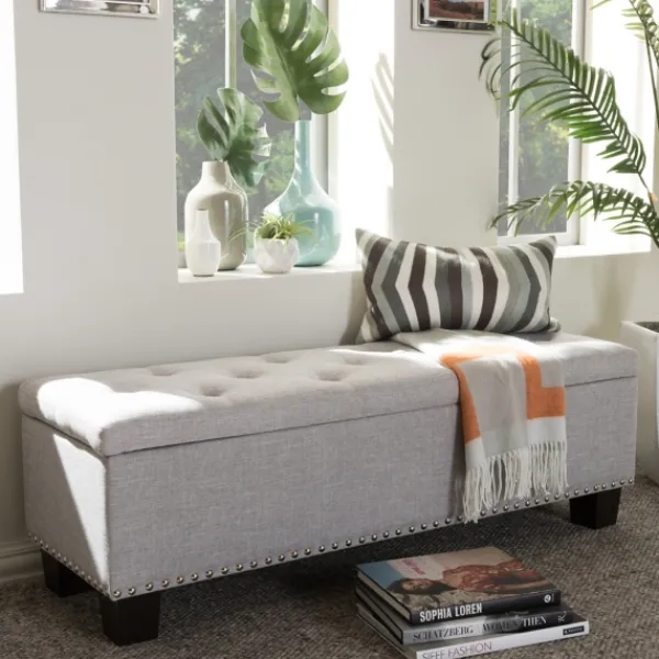 Entryway Furniture-Kirkland's Home Taupe Button-Tufted Upholstered Storage Bench Tan