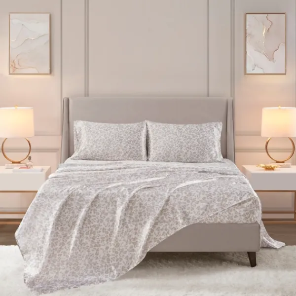 Bed Sheets-Kirkland's Home Taupe Leopard Print Satin 4-Pc. Full Sheet Set White/Tan