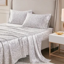 Bed Sheets-Kirkland's Home Taupe Leopard Print Satin 4-Pc. Full Sheet Set White/Tan