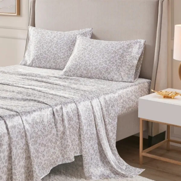 Bed Sheets-Kirkland's Home Taupe Leopard Print Satin 4-Pc. Full Sheet Set White/Tan