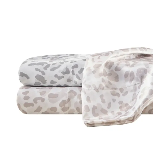 Bed Sheets-Kirkland's Home Taupe Leopard Print Satin 4-Pc. Queen Sheet Set White/Tan