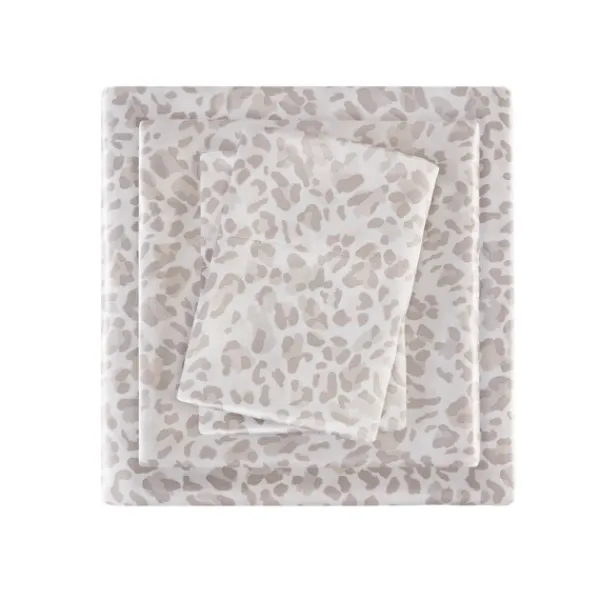 Bed Sheets-Kirkland's Home Taupe Leopard Print Satin 3-Pc. Twin Sheet Set White/Tan