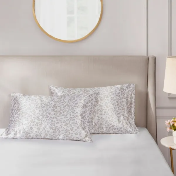 Bed Sheets-Kirkland's Home Taupe Leopard Satin Standard 2-Pc. Pillow Case Set White/Tan
