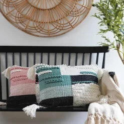 Pillows-Kirkland's Home Teal Braided Color Block Lumbar Pillow Blue/White/Black