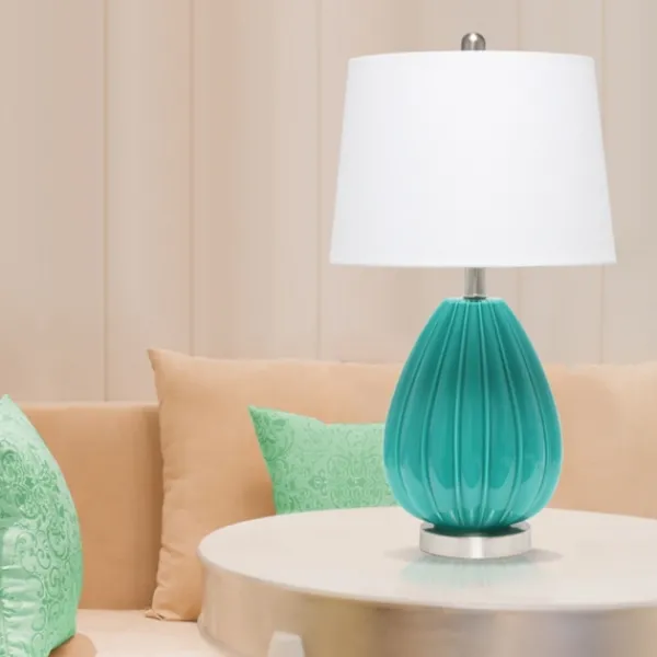 Table Lamps-Kirkland's Home Teal Glass Pleated Table Lamp White
