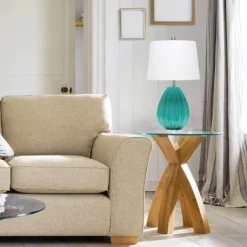 Table Lamps-Kirkland's Home Teal Glass Pleated Table Lamp White