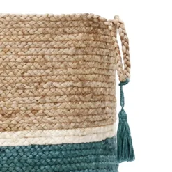 Baskets & Boxes-Kirkland's Home Teal Off White Woven Basket With Tassel, 17 In. Blue/Tan
