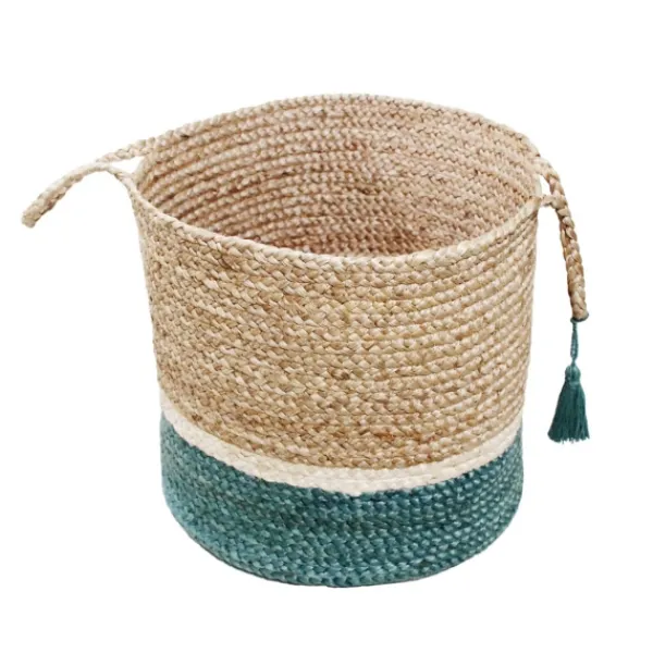 Baskets & Boxes-Kirkland's Home Teal Off White Woven Basket With Tassel, 17 In. Blue/Tan