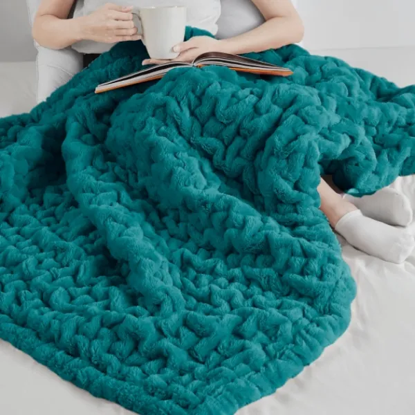 Blankets & Throws-Kirkland's Home Teal Ruched Faux Fur Throw Blue